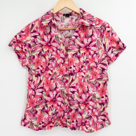 Erika Tops - Vintage Y2K Erika Floral Button Down Shirt Womens L Pink 90s Cropped Tropical